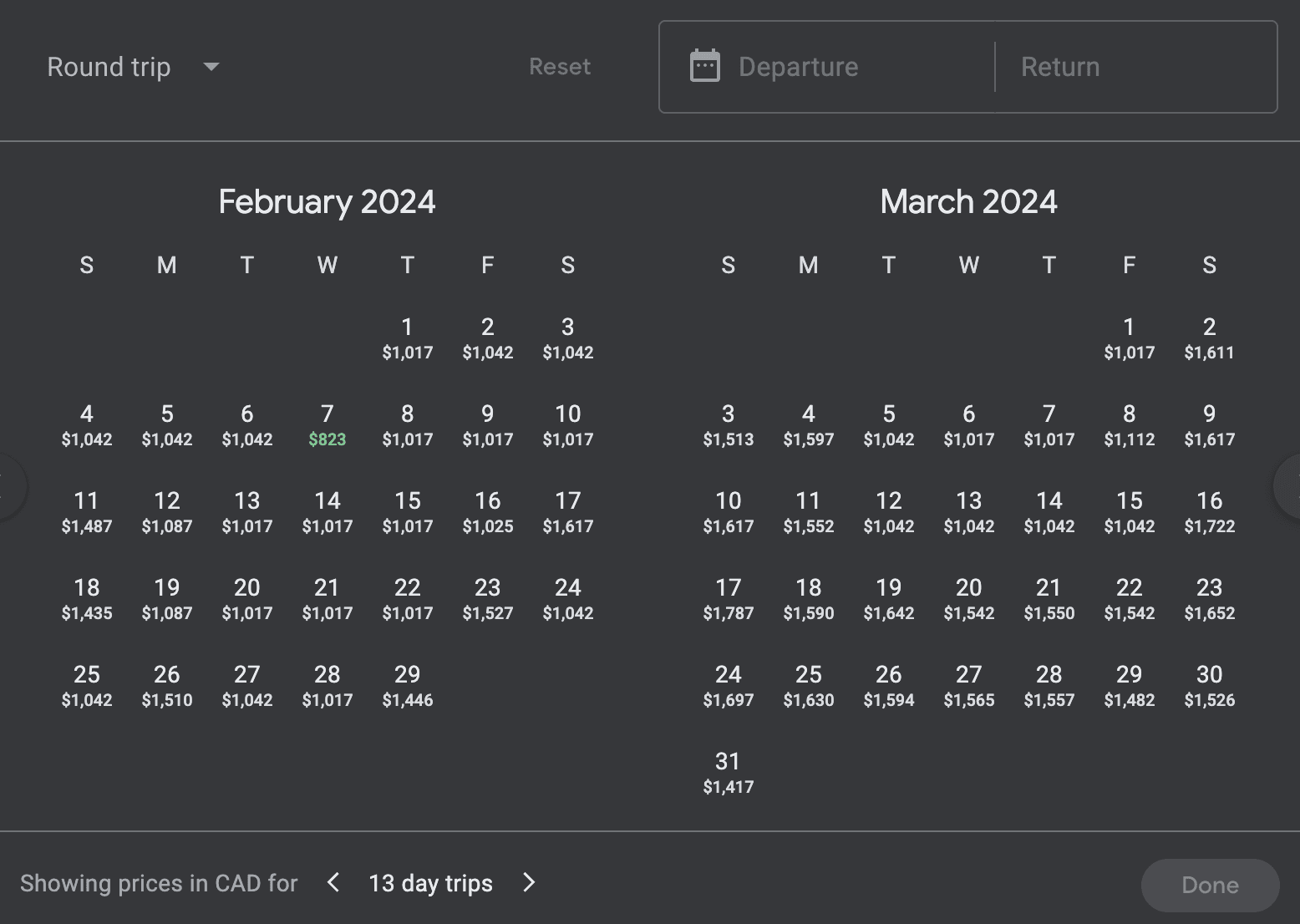 Google Flight date picker